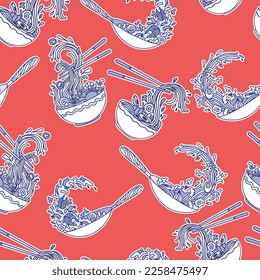 Soup with ramen noodles Seamless pattern. Noodles. Vector illustration. Traditional Asian Japanese food in sun red circle with texture Vector illustration