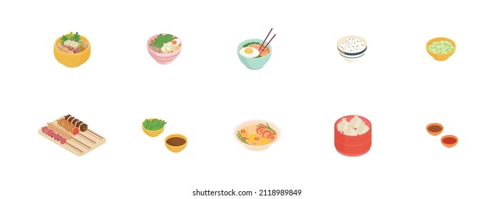 Soup, ramen set - Isometric vector illustration in flat design.
