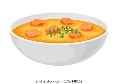 Soup with Salmon and Rice Poured in Bowl Vector Illustration