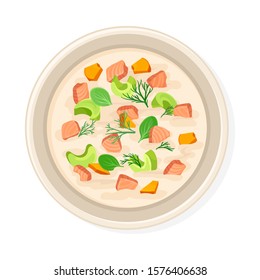 Soup With Salmon Slices and Celery Stalks Served on Plate