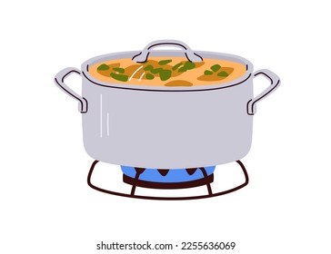 Suppe in Saucepan, kochen Sie auf Gasherd. Sauce Pfanne, Topf mit flüssigem Mehl, Kochen auf Herd Brenner. Metallstocktopf mit heißem Hausgericht, Essen. Flache Vektorgrafik einzeln auf weißem Hintergrund