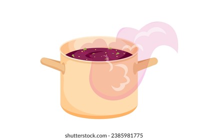 Sopa en cacerola con ilustración vectorial de vapor. Caricatura de metal aislado con mangos y borsch rojo hirviendo, proceso de preparación de un plato gourmet caliente para el almuerzo o la cena en cocina abierta en cocina