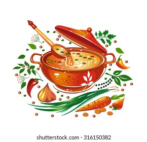 Soup in the saucepan, vegetables, spices and herbs. Vector illustration.