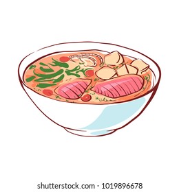 Soup with seafood icon isolated on white background. Japanese cuisine dish label, asian fish restaurant menu element, famous oriental food vector illustration.