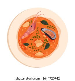 Soup with Seafood and Leaf Garnish Top View Vector Illustration