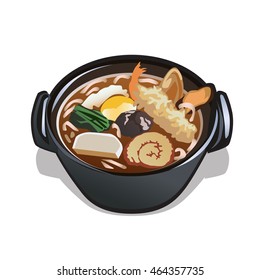 Soup with seafood in the pan. Vector illustration.