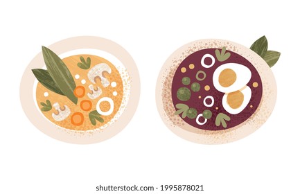 Soup Served on Plates Set, Healthy Traditional Food Dishes with Cartoon Vector Illustration