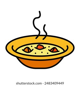 Icono de set de sopa. Tazón de sopa caliente, vapor, comida, comida, caldo, verduras, cena, cocina, casera, culinario, comida de confort, cocina.