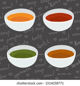 Soup set - portion of borscht, pumpkin soup, pea soup or lentil, chick-pea soup.
Handwritten words on grey background. Red, orange, green colors. Healthy lunch or dinner theme. Food illustration