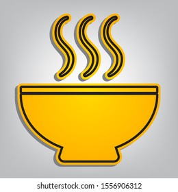 Soup sign. Flat orange icon with overlapping linear black icon with gray shadow at whitish background. Illustration.
