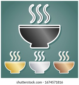 Soup sign. Set of metallic Icons with gray, gold, silver and bronze gradient with white contour and shadow at viridan background. Illustration.