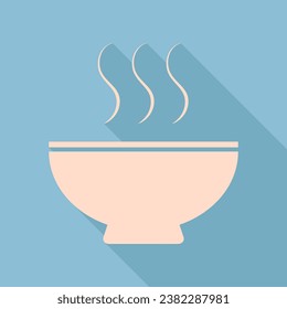 Soup sign. Unbleached silk Icon with very long shadow at dark sky blue background. Illustration.