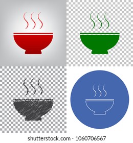Soup sign. Vector. 4 styles. Red gradient in radial lighted background, green flat and gray scribble icons on transparent and linear one in blue circle.