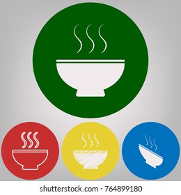 Soup sign. Vector. 4 white styles of icon at 4 colored circles on light gray background.