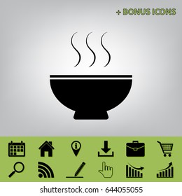 Soup sign. Vector. Black icon at gray background with bonus icons 