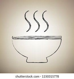 Soup sign. Vector. Brush drawed black icon at light brown background.