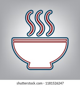 Soup sign. Vector. Dark red, transparent and midnight green stroke of white icon at grayish background.