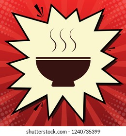 Soup sign. Vector. Dark red icon in lemon chiffon shutter bubble at red popart background with rays.