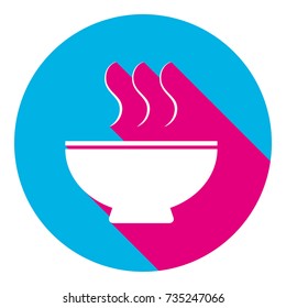 Soup sign. Vector. Flat white icon with mexican pink shadow inside sky blue(S and G) circle at white background. Isolated. Trend colors in 2017.