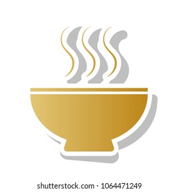 Soup sign. Vector. Golden gradient icon with white contour and rotated gray shadow at white background.