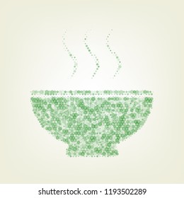Soup sign. Vector. Green hexagon rastered icon and noised opacity and size at light green background with central light.
