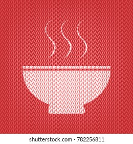 Soup sign. Vector. Knitted white icon on a red knitted background.