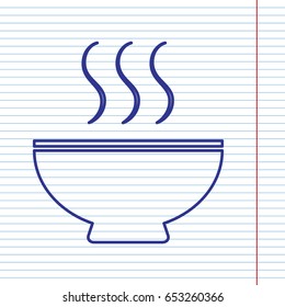 Soup sign. Vector. Navy line icon on notebook paper as background with red line for field.