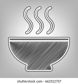 Soup sign. Vector. Pencil sketch imitation. Dark gray scribble icon with dark gray outer contour at gray background.