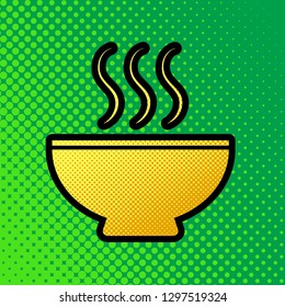 Soup sign. Vector. Pop art orange to yellow dots-gradient icon with black contour at greenish background.