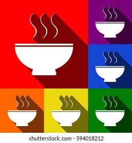 Soup sign. Vector. Set of icons with flat shadows at red, orange, yellow, green, blue and violet background.