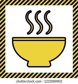 Soup sign. Vector. Warm yellow icon with black contour in frame named as under construction at white background. Isolated.