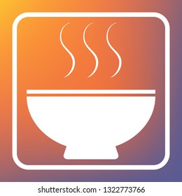 Soup sign. Vector. White icon on transparent button at orange-violet gradient background.