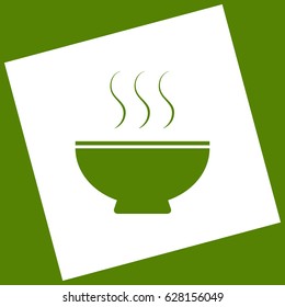 Soup sign. Vector. White icon obtained as a result of subtraction rotated square and path. Avocado background.