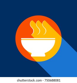 Soup sign. Vector. White icon on tangelo circle with infinite shadow of light at cool   background. Selective yellow and bright navy blue are produced.