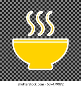 Soup sign. Vector. Yellow icon with white contour on dark transparent background.