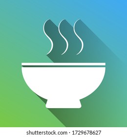 Soup sign. White Icon with gray dropped limitless shadow on green to blue background. Illustration.