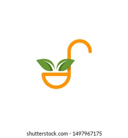 soup spoon with leaf logo. green leaf eco logo template - vector