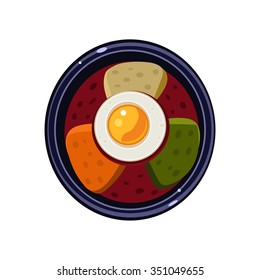 Soup with Toasts and Fried Egg Served Food. Colourful Vector Illustration