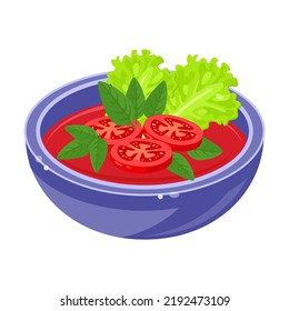 Soup with tomatoes in bowl. Gazpacho, curry, broccoli, mushroom cream soup isolated on white background. Ideas for lunch or dinner