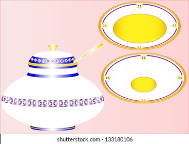 Soup tureen with lid and ladle with deep and shallow plate - part dinner service decorated with blue and gold ornaments