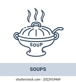 A soup tureen outline monochrome icon with title. Hot dish. Collection of signs in different food categories. Symbols for restaurant decoration. Vector illustrations isolated on white background.