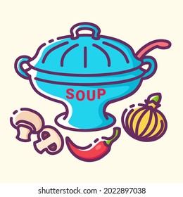 A soup tureen with vegetables colored icon. Symbol of hot dishes. Collection of signs in different food categories. Symbols for restaurant decoration. Vector outline illustration on yellow background.