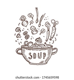 Soup. Vector illustration of Vegetable soup in pot. Carrot, mushroons, onion, potato, root veget. Doodle sketch. Delicious dinner. Boiled food. 