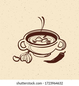 Soup. Vector sketch of Georgian cuisine. Sketch drawing by hand. Illustration for menus, recipes and product packaging.