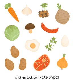 Soup vegetable, food mix vector illustration set. Root vegetable, meat, egg icon collection. Isolated.