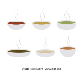 Soup with vegetables isolated on white background. Hot bowl of soup. Set.