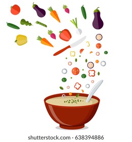 Soup with vegetables isolated  on white background. Vector illustration. Hot bowl of soup, dish isolated icon.