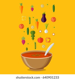 Soup with vegetables isolated  on white background. Vector illustration. Hot bowl of soup, dish isolated icon.