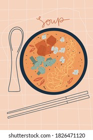 Soup with vegetables and rice pasta. Vector hand drawn illustration. Postcard template
