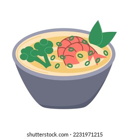 Soup with vegetables and seafood isolated object. Asia cuisine vector illustration. Traditional Japanese shrimp soup